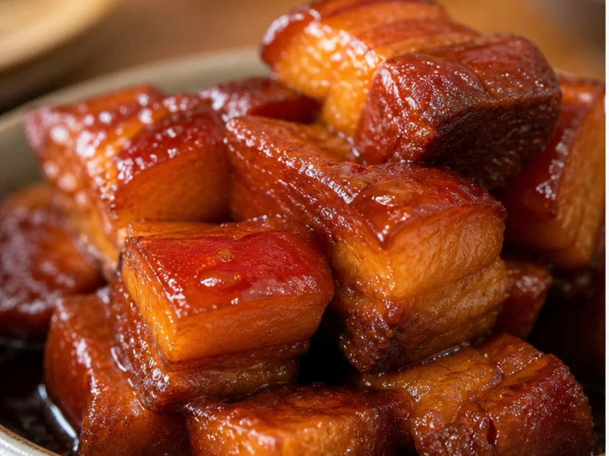 Close-up of glossy Shanghai hong shao rou pork belly