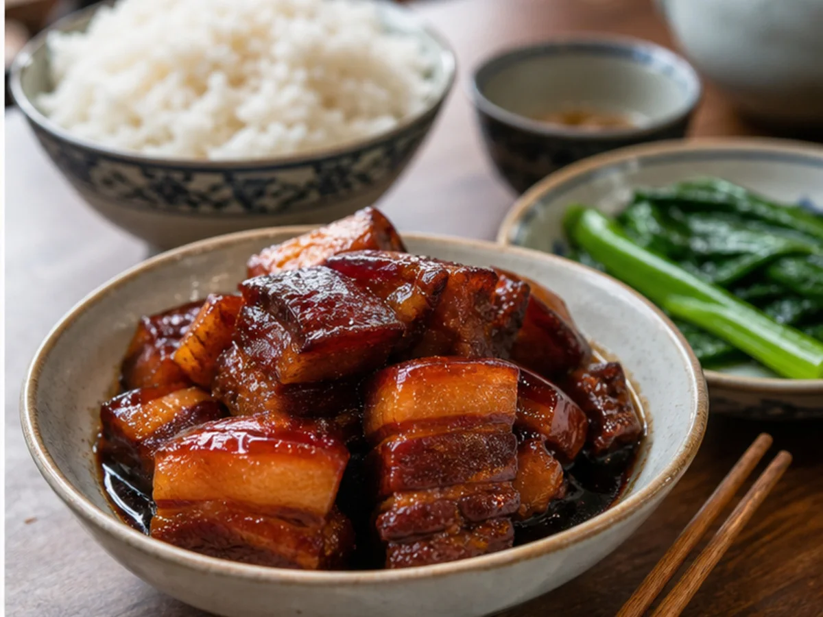 Shared plate of Shanghai braised pork belly with rice and greens