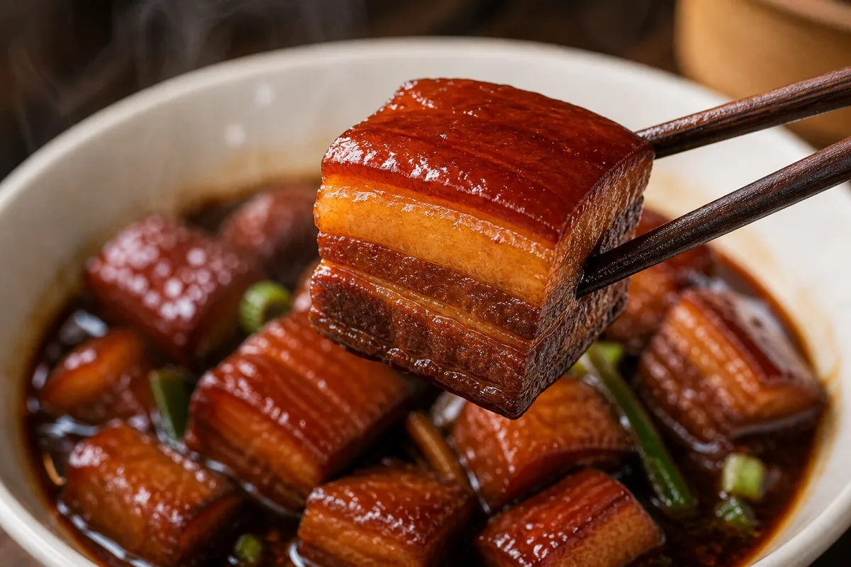 Shanghai hong shao rou pork belly cube lifted with chopsticks showing skin fat and lean layers