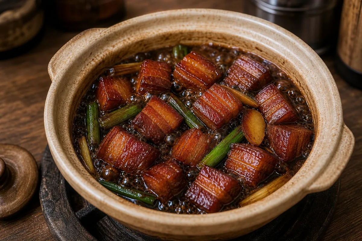 Pork belly cubes simmering in dark soy and rock sugar sauce for Shanghai hong shao rou