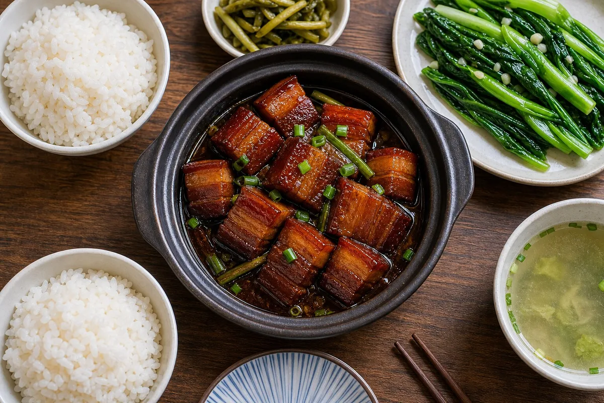 Shanghai red-braised pork belly served with rice green vegetables and light soup