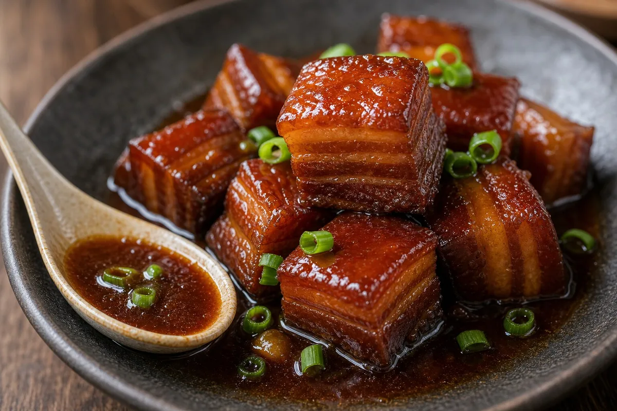 Close-up of glossy Shanghai hong shao rou cubes on a dark plate with sauce