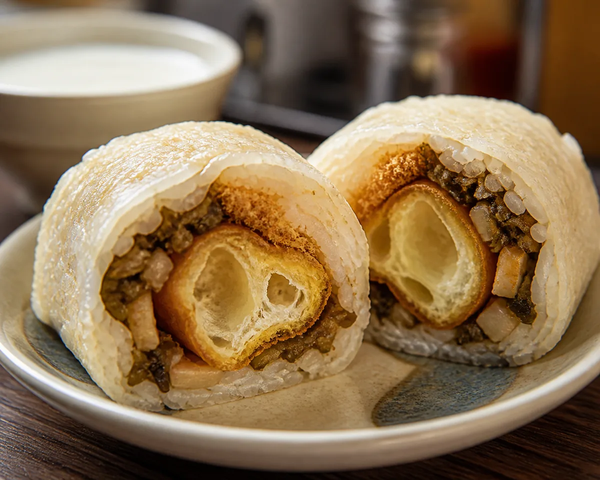 Cut Shanghai cifan tuan sticky rice roll with youtiao pickles and savory filling