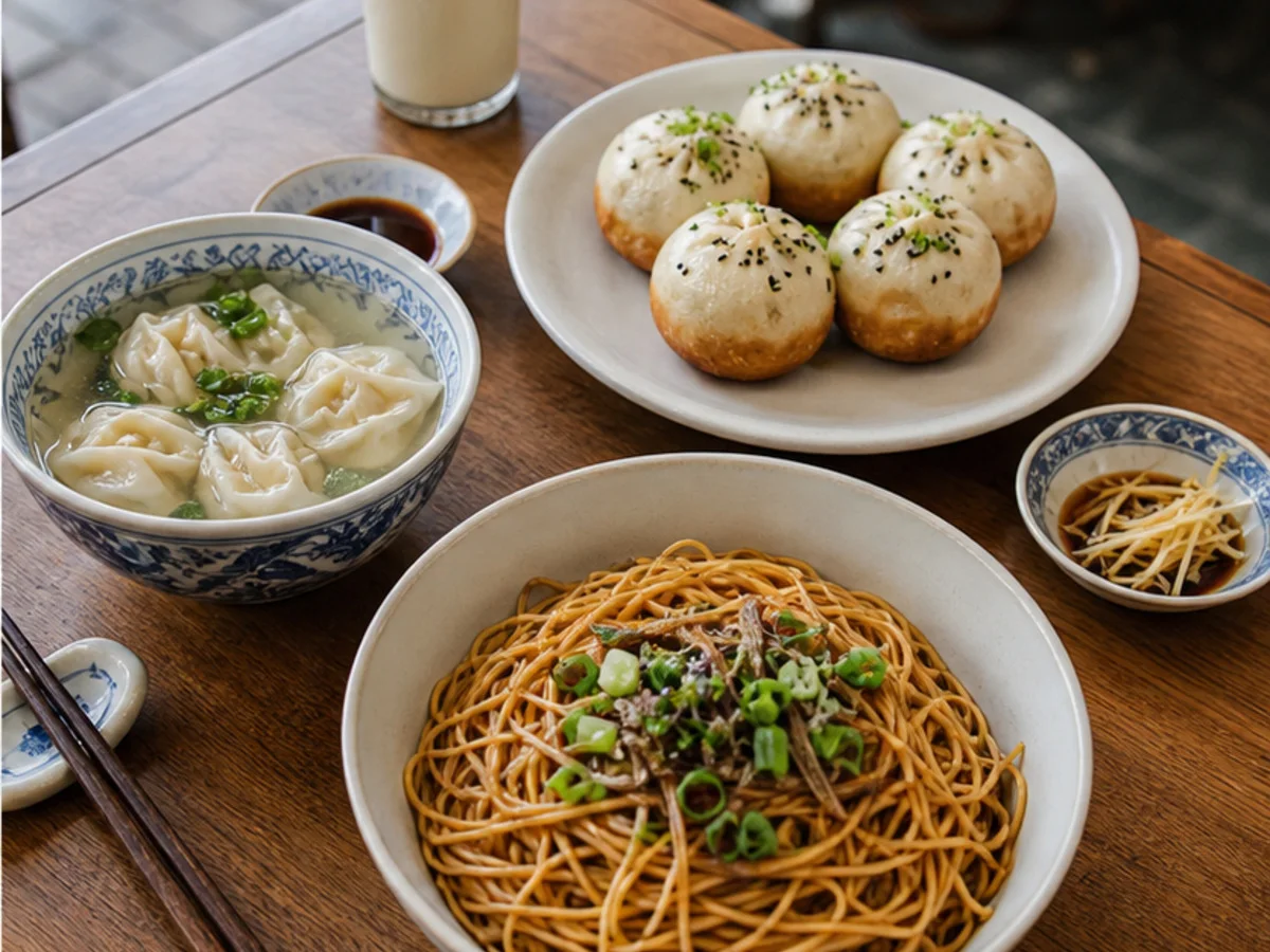 Shanghai breakfast spread with wontons, noodles, and pan-fried buns