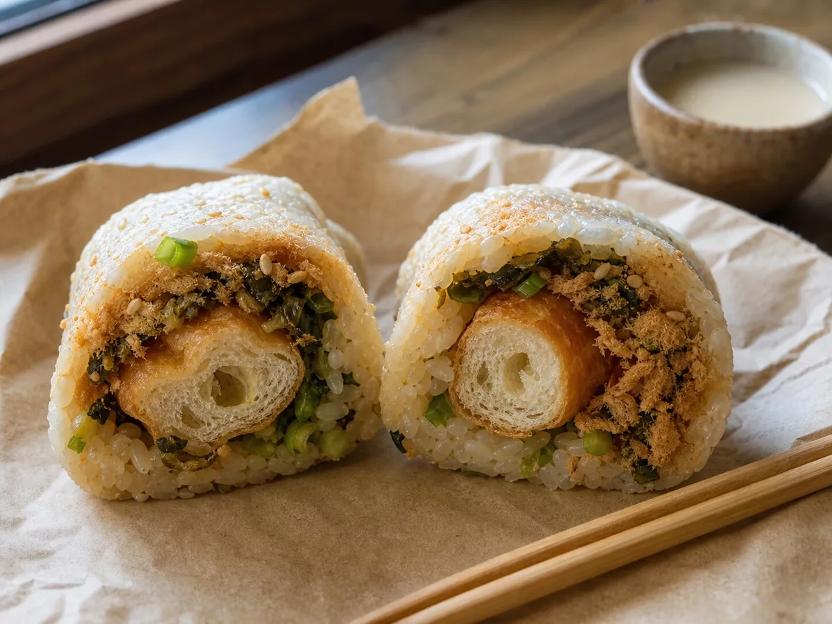 Cut Shanghai cifan tuan showing sticky rice youtiao pork floss and pickled greens