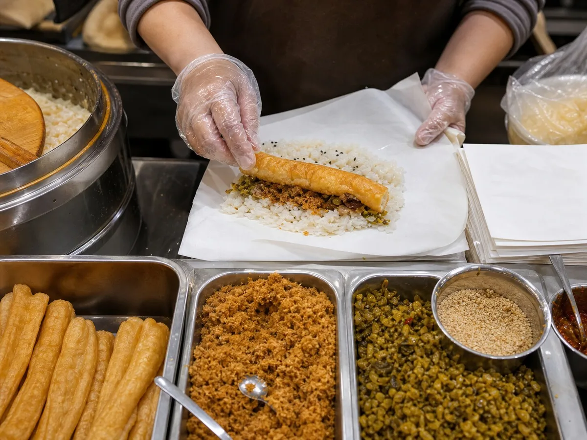 Breakfast stall worker assembling Shanghai cifan tuan with rice youtiao and savory fillings