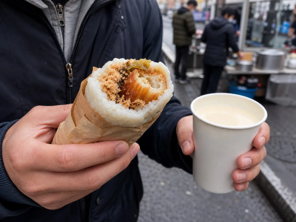 Diner eating Shanghai cifan tuan with a cup of warm soy milk on a morning street