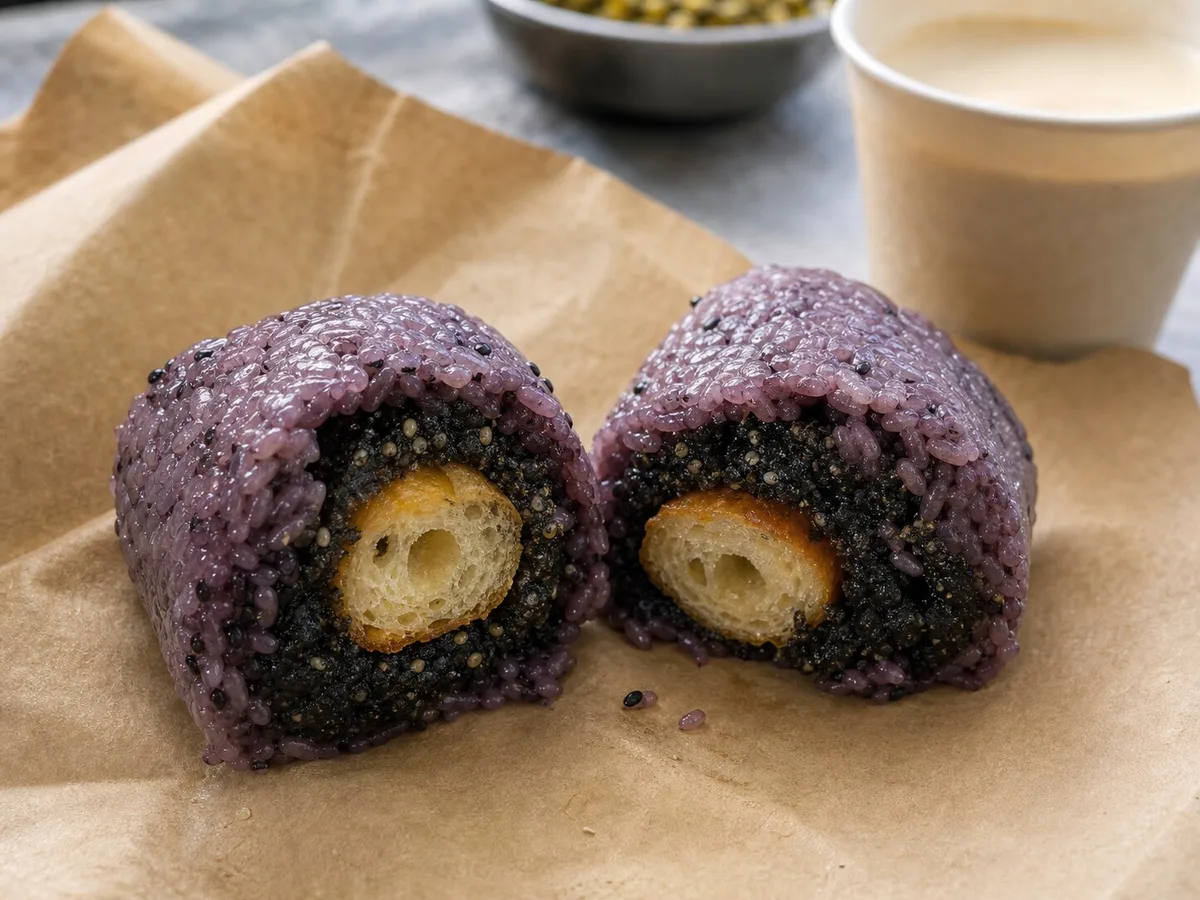 Purple rice Shanghai cifan tuan cut open with black sesame filling and youtiao