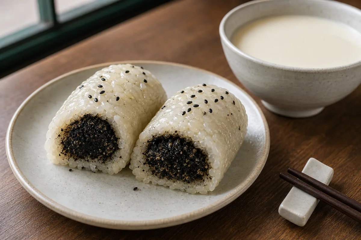 Sweet Shanghai cifan tuan cut open with black sesame filling and warm sticky rice