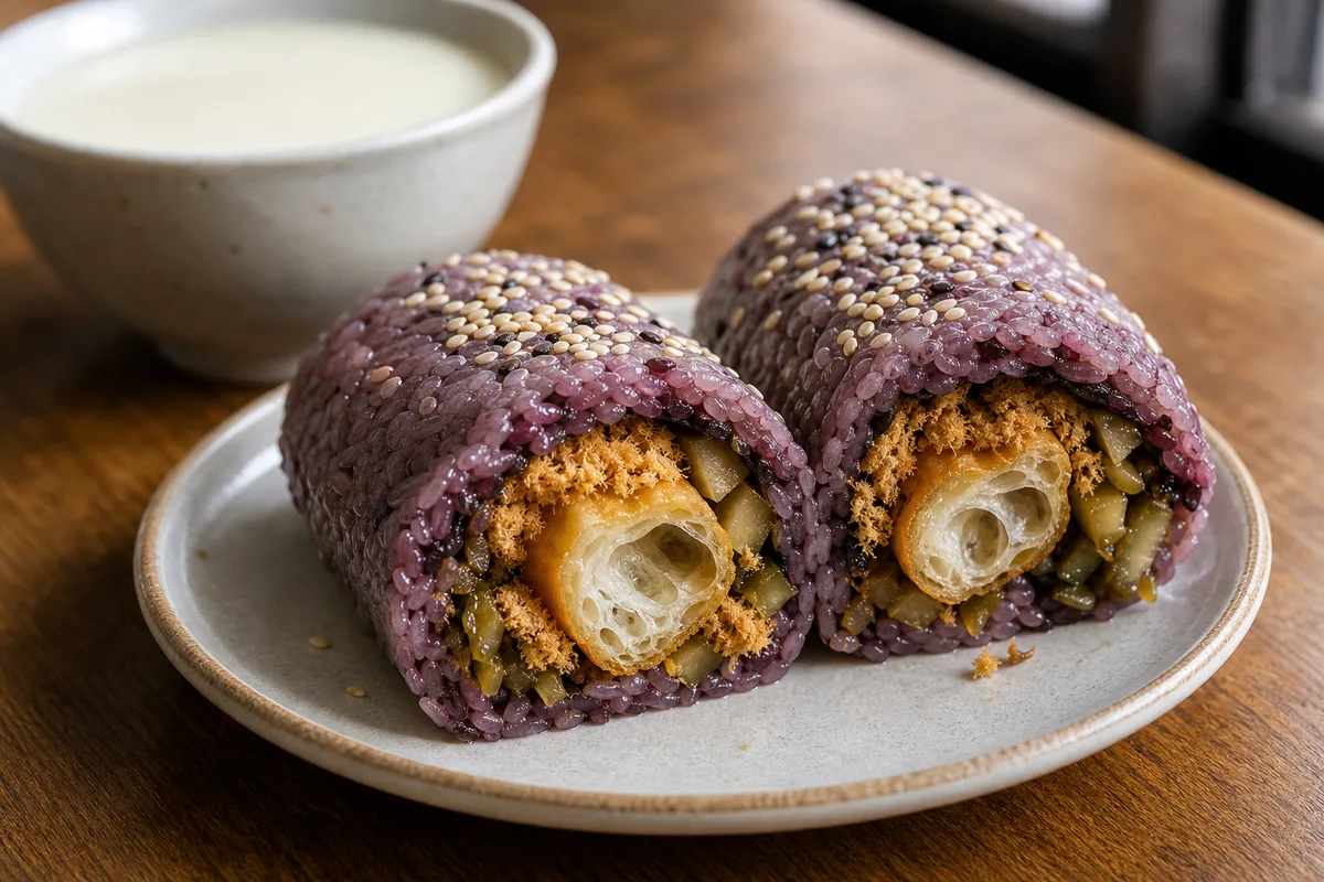 Purple rice Shanghai cifan tuan with youtiao pork floss pickles and sesame filling