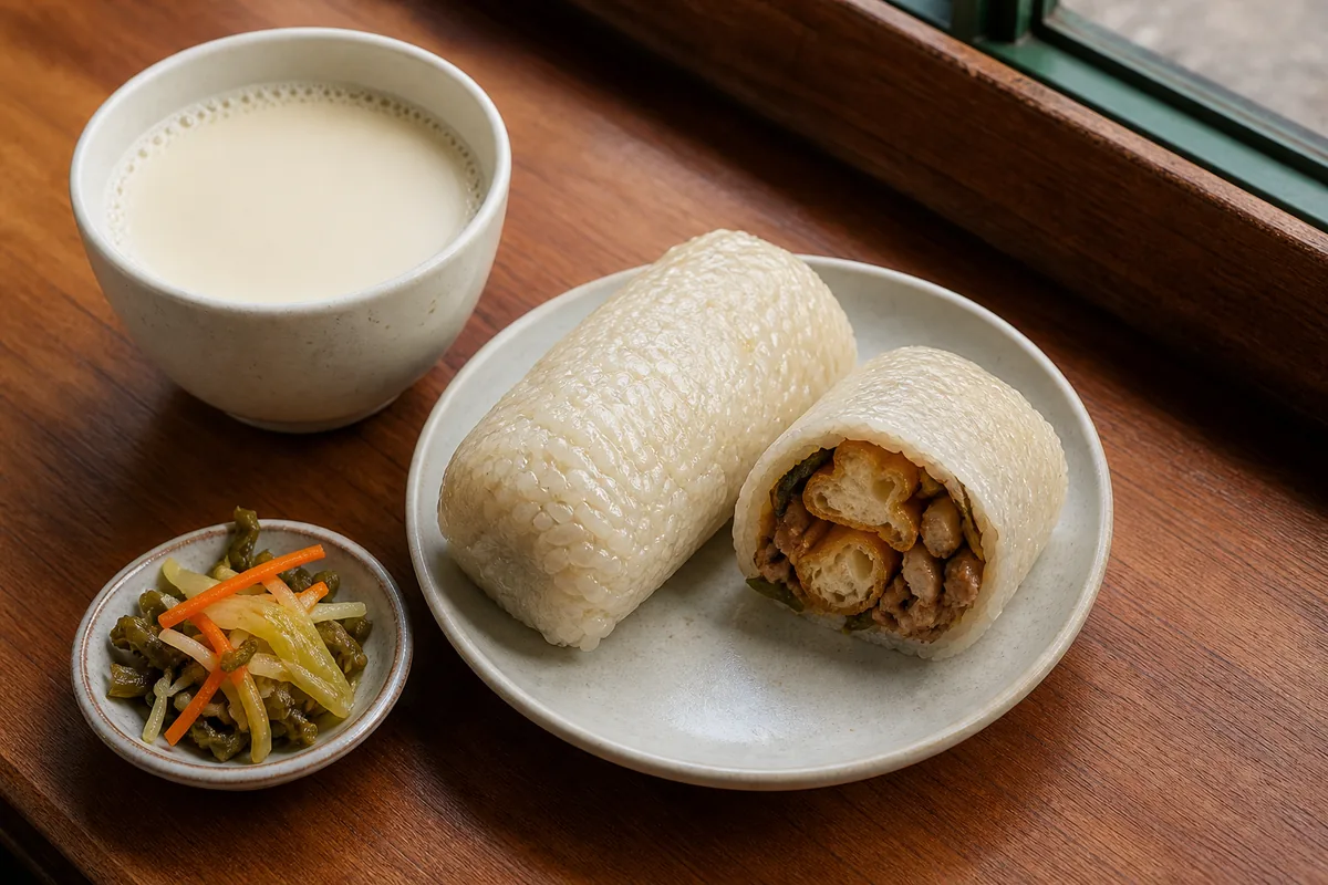 Portable Shanghai cifan tuan breakfast with one whole sticky rice roll soy milk and pickles