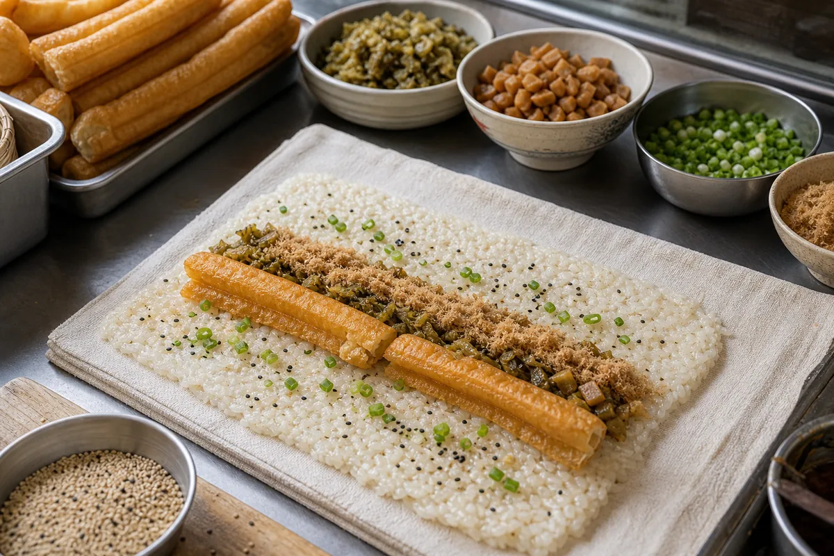 Shanghai cifan tuan ingredients on sticky rice with youtiao pork floss pickles sesame and scallions