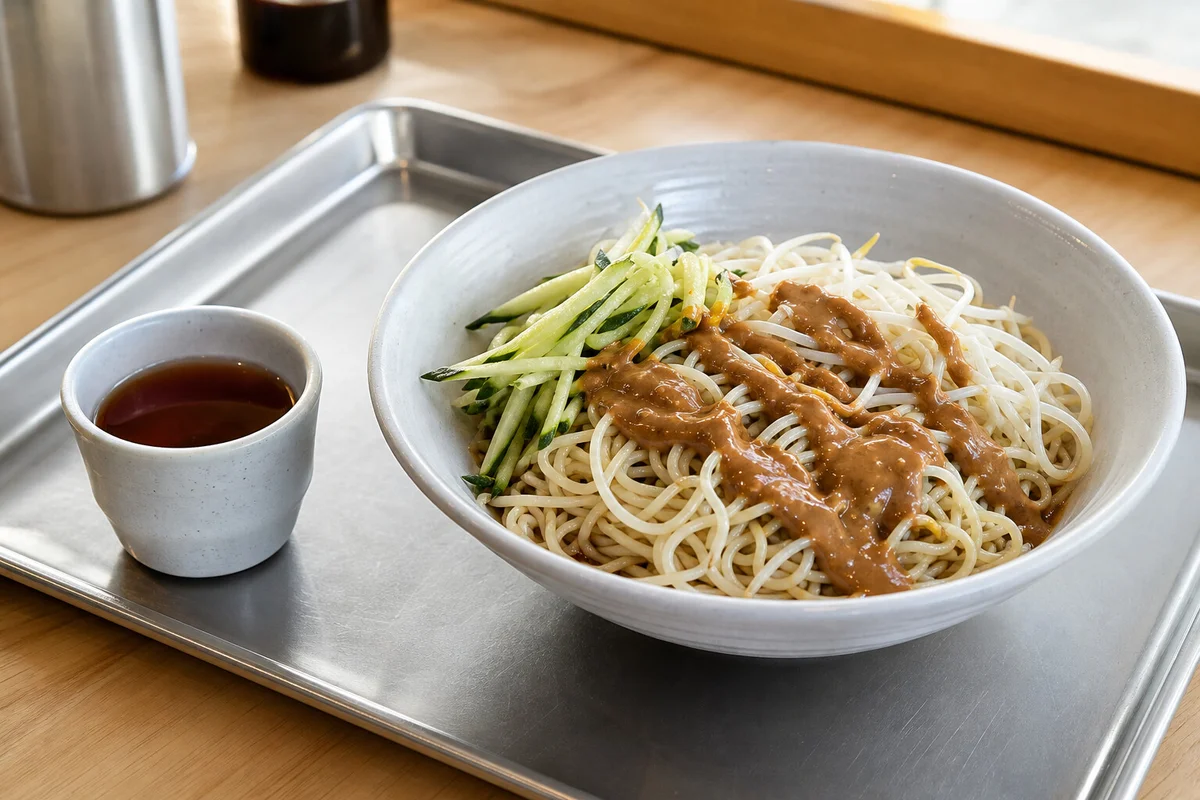 Shanghai cold noodles served with peanut sauce and vinegar on a metal tray