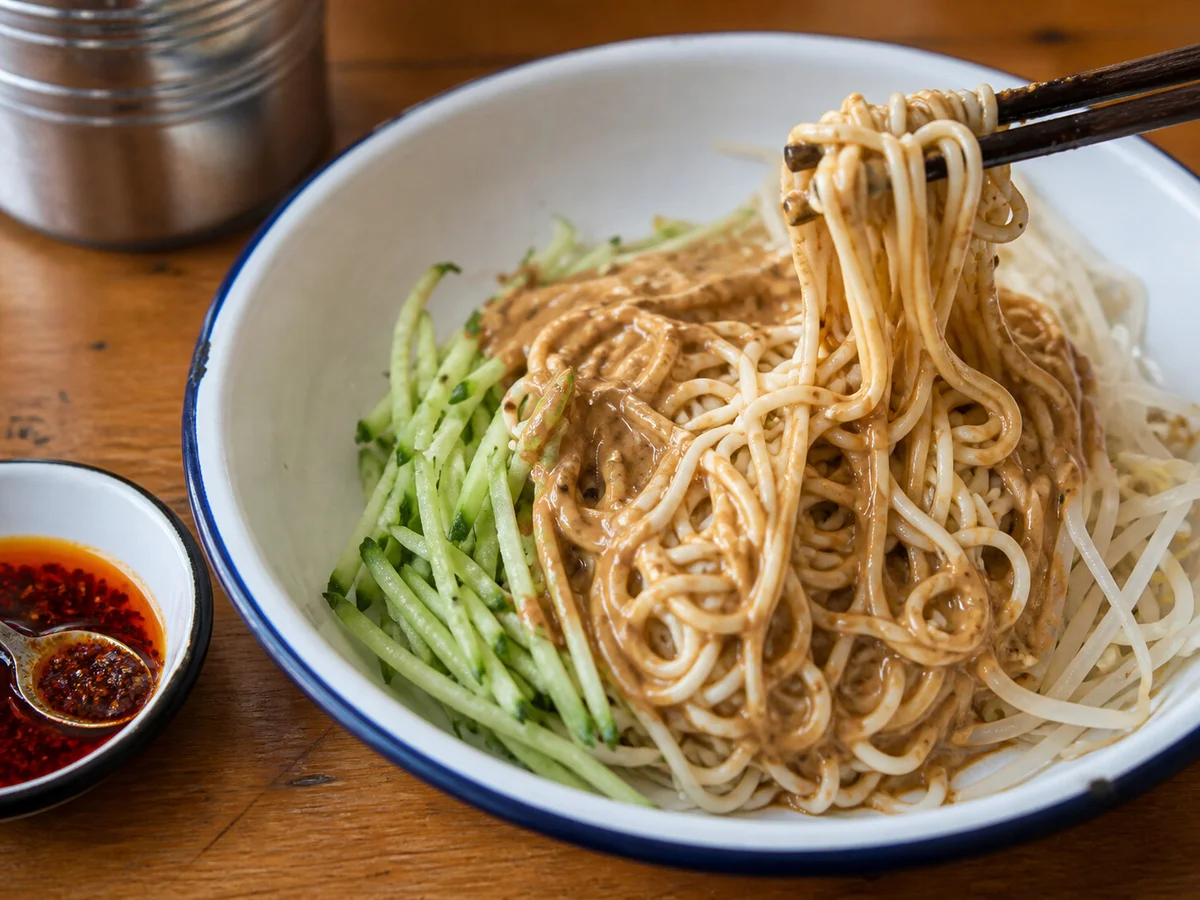 Shanghai cold noodles being mixed with sesame peanut sauce, cucumber, bean sprouts, and chili oil