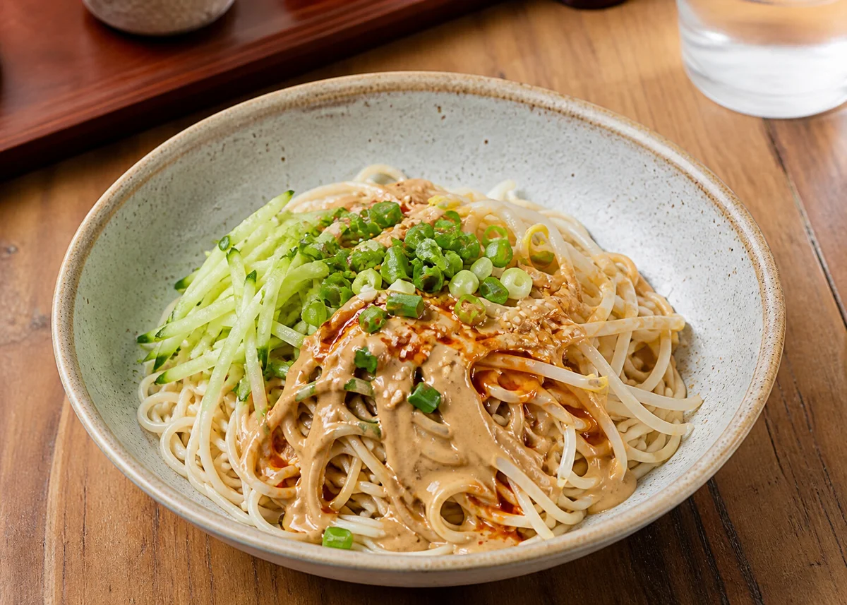 Shanghai summer cold noodles with sesame peanut sauce, cucumber, scallions, bean sprouts, and chili oil