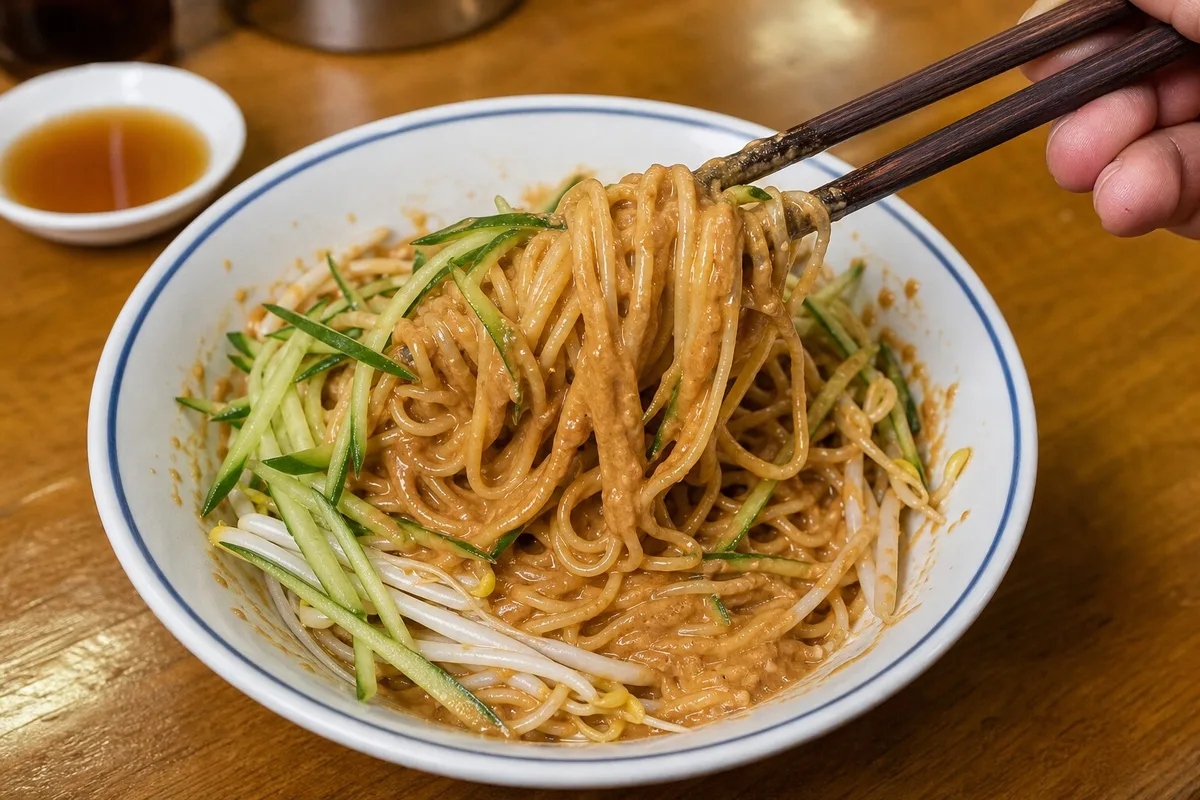 Shanghai cold noodles being mixed with sesame peanut sauce and cucumber