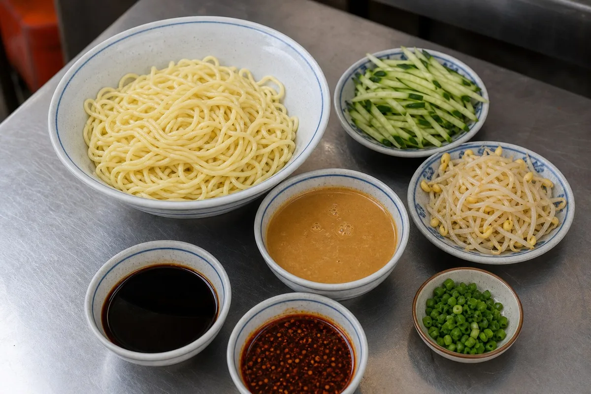 Shanghai cold noodle toppings with sesame peanut sauce, vinegar, chili oil, cucumber, and bean sprouts