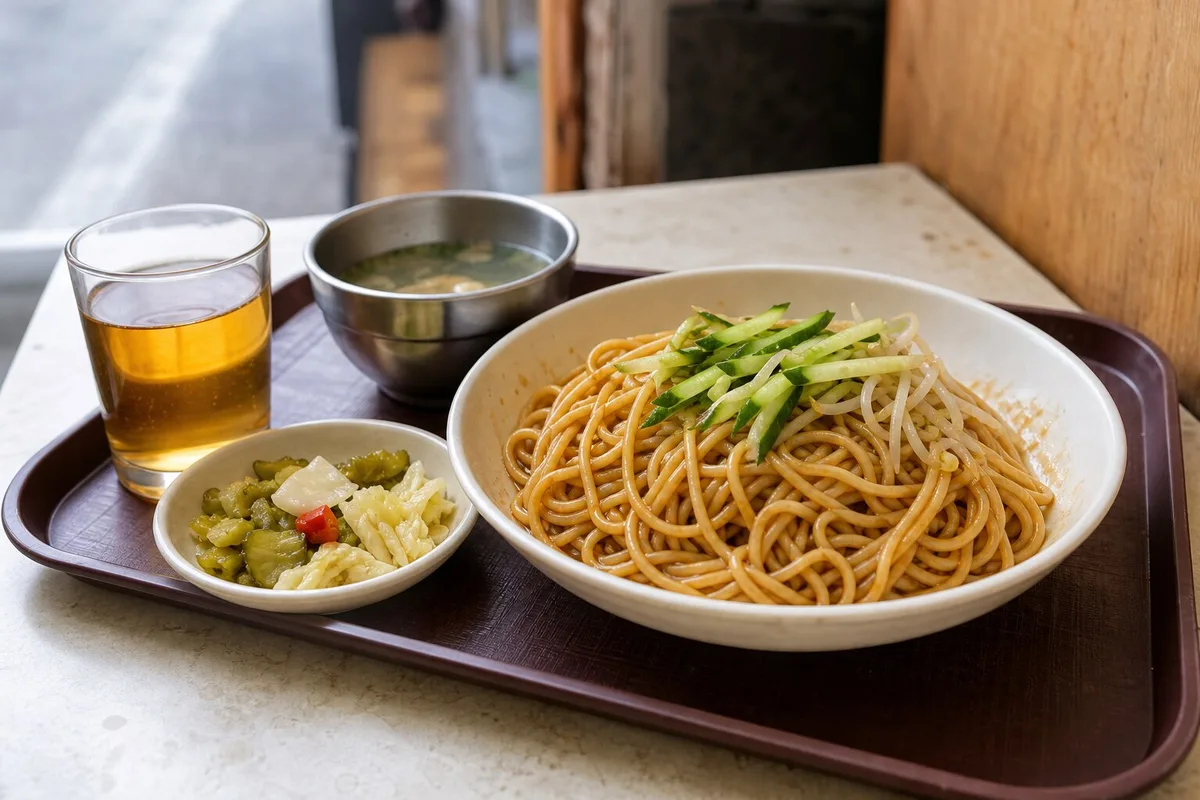 Shanghai cold noodles lunch tray with pickles and tea in a local eatery