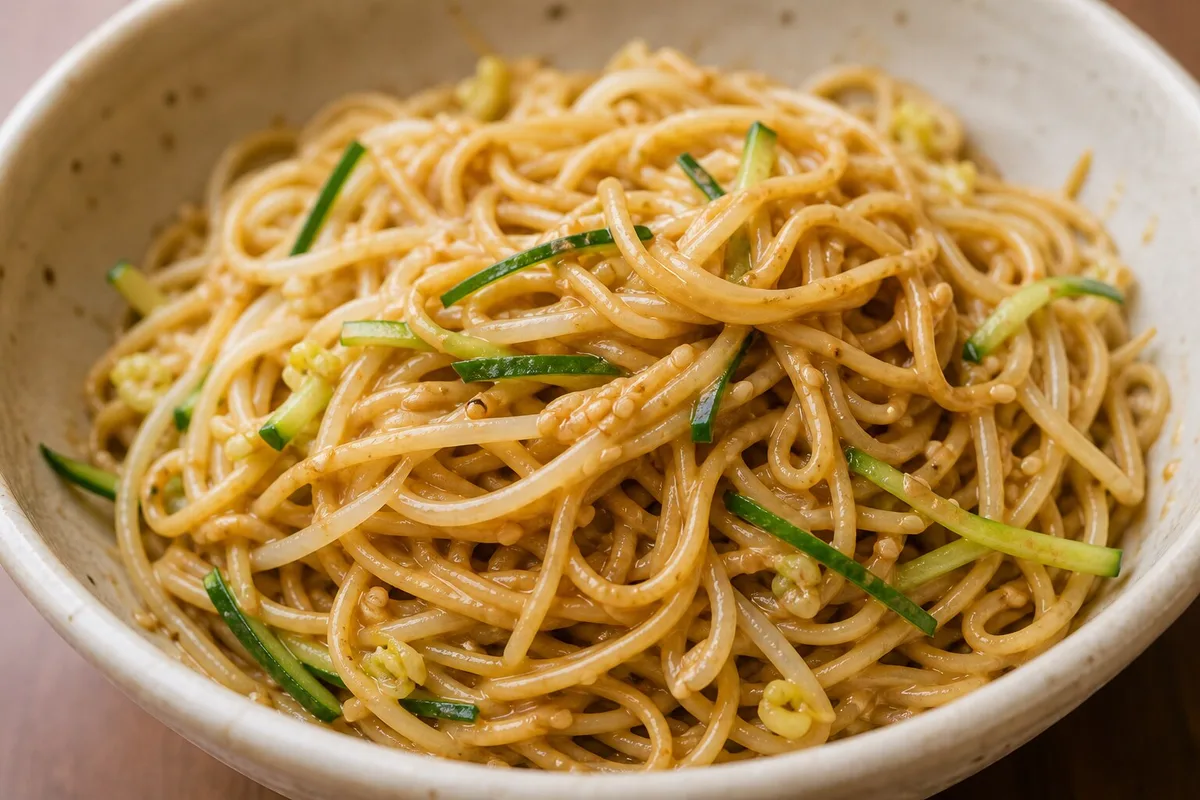 Close view of Shanghai cold noodles coated in sesame peanut sauce with cucumber