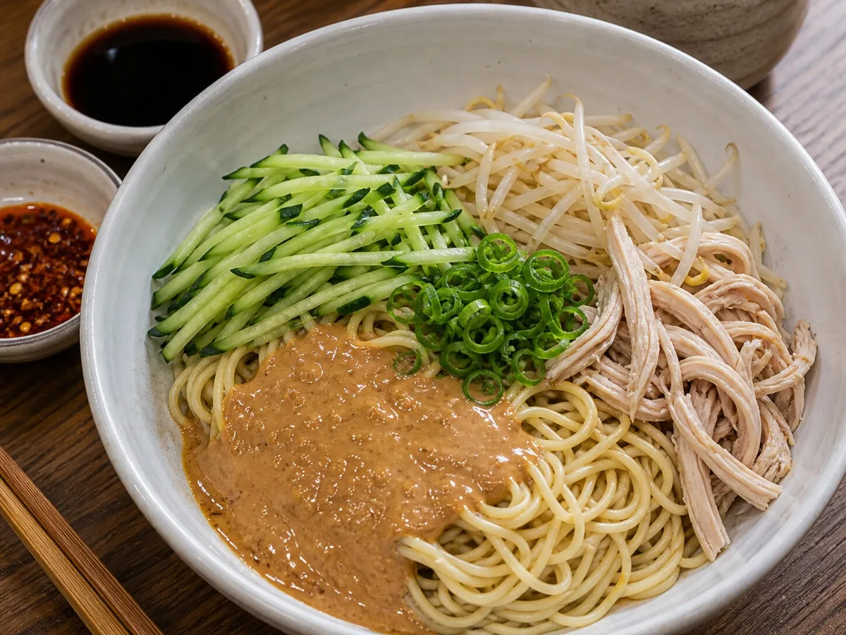 Unmixed Shanghai cold noodles with sesame sauce cucumber bean sprouts and chili oil