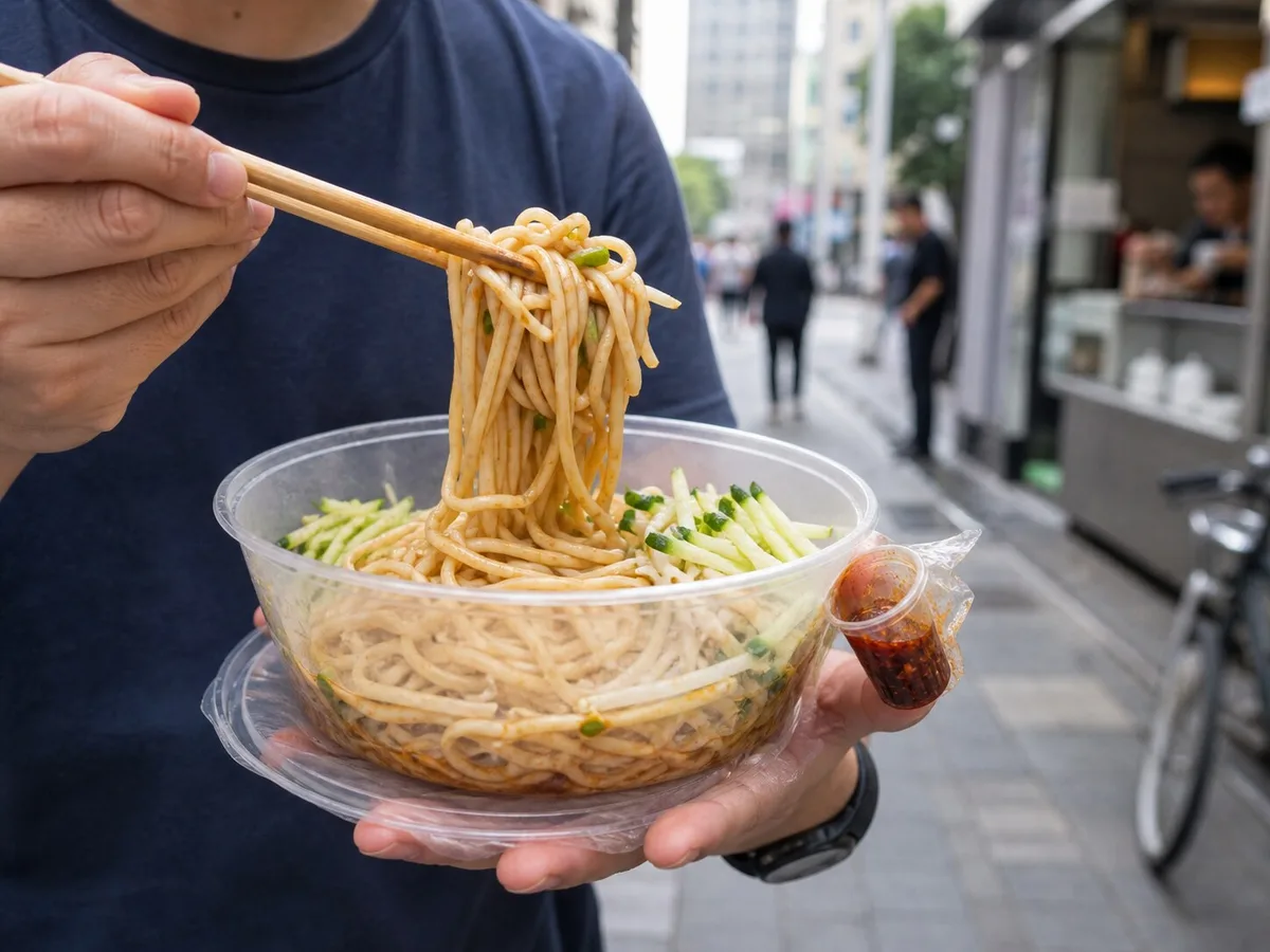 Takeaway bowl of Shanghai cold noodles with chopsticks and sauce cup