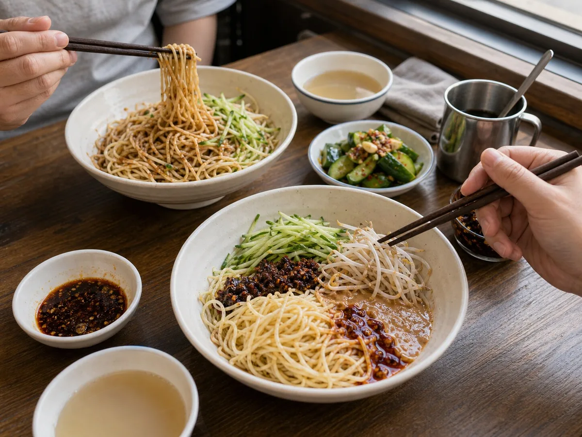 Two bowls of Shanghai cold noodles with vinegar chili oil cucumber and side dish