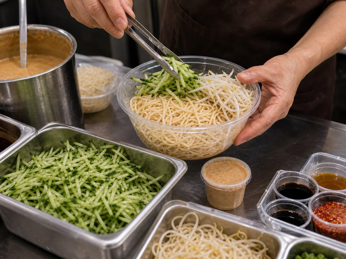 Noodle shop packing Shanghai cold noodles with cucumber bean sprouts and sauce cup