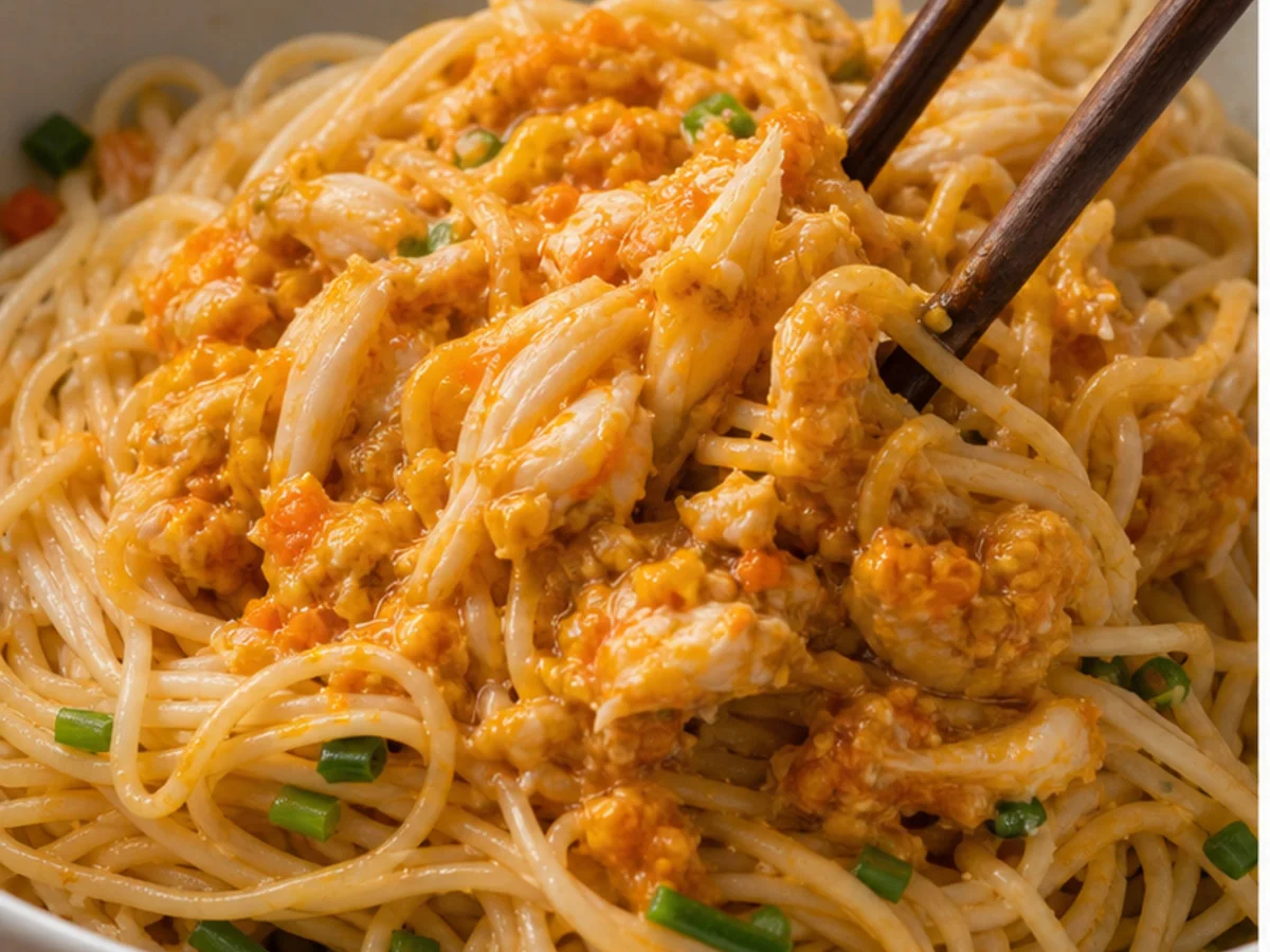 Crab roe and crab meat mixed into Shanghai noodles