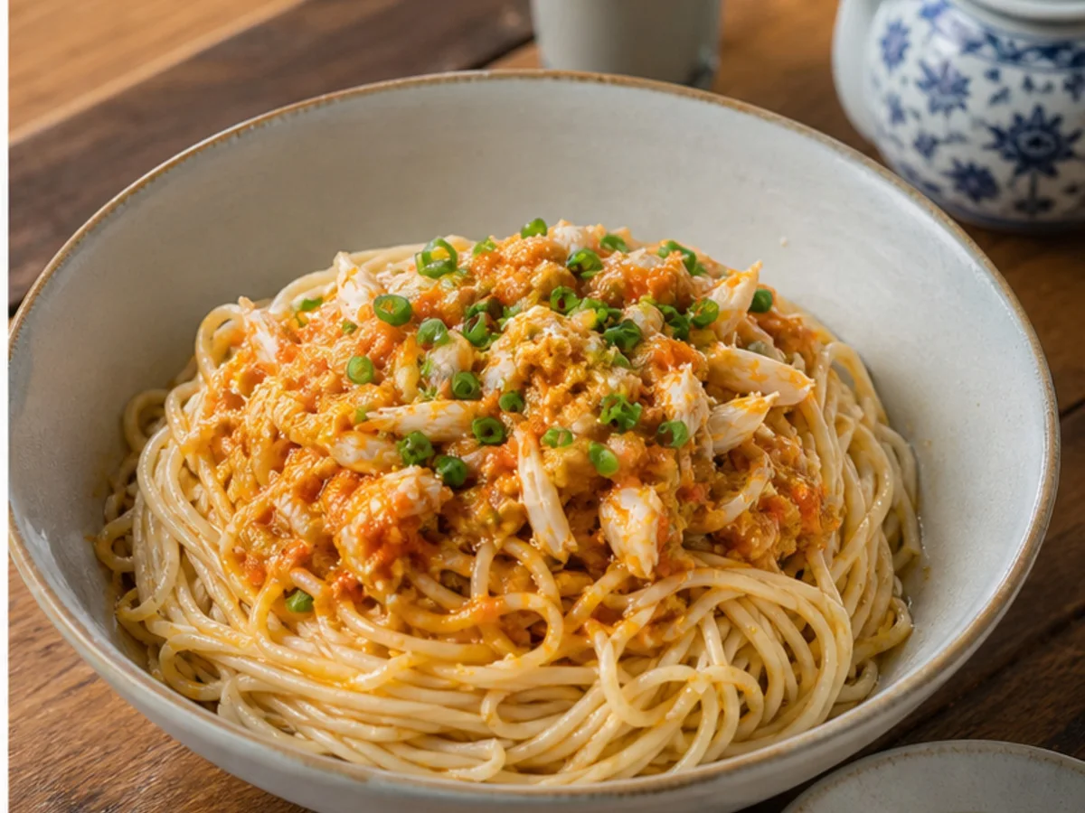 Bowl of Shanghai crab roe noodles with tea