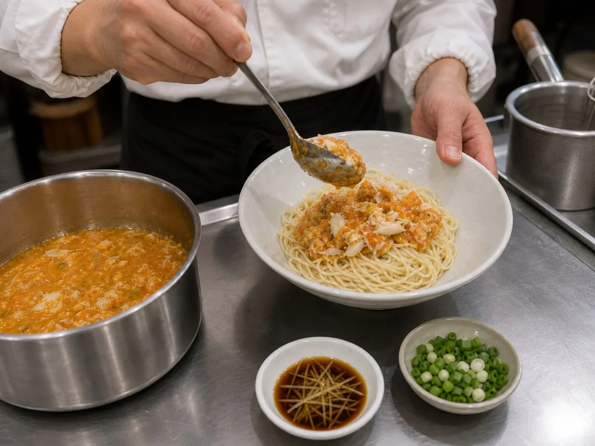 Cook spooning crab roe and crab meat topping onto dry noodles