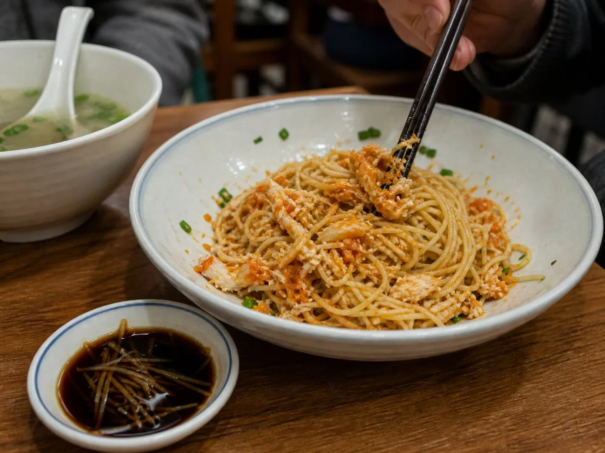 Diner mixing Shanghai crab roe noodles with chopsticks beside ginger vinegar