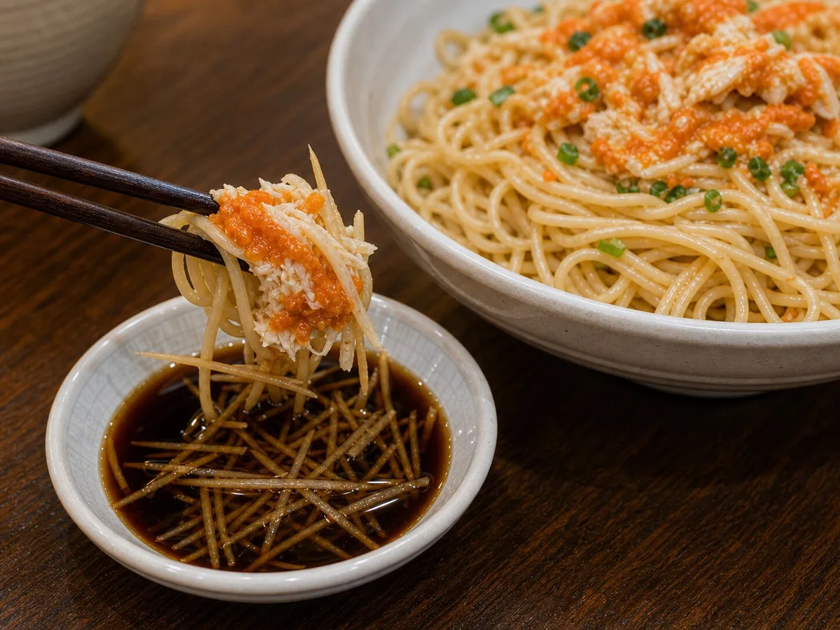 Crab roe noodle bite lifted above ginger vinegar saucer