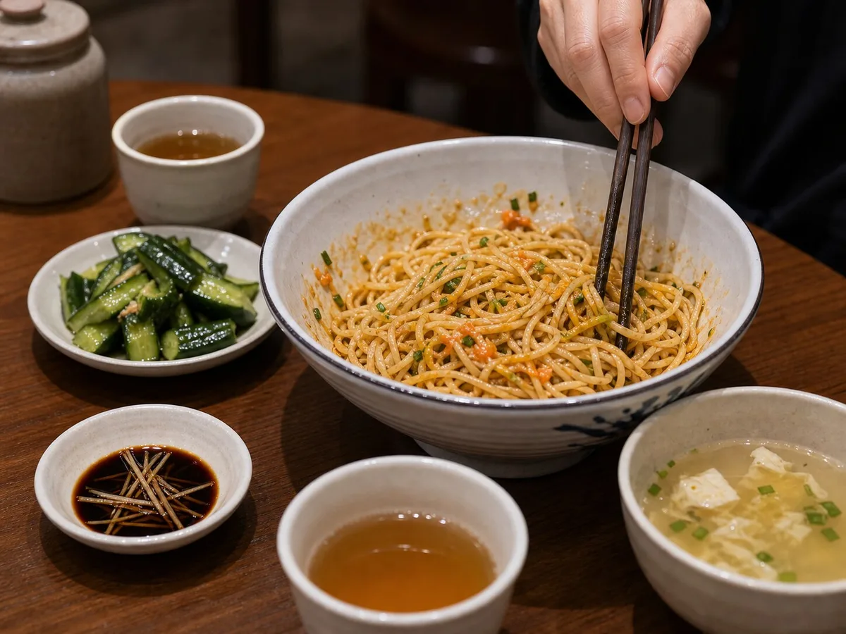 Shanghai crab roe noodles being mixed with soup vegetables and vinegar on the table