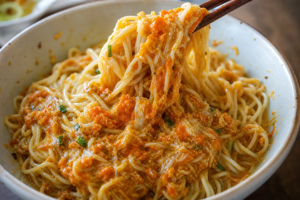 Shanghai crab roe noodles with glossy xiefen topping ready to mix