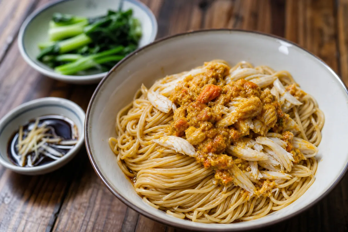 Close-up of crab roe and crab meat coating Shanghai noodles