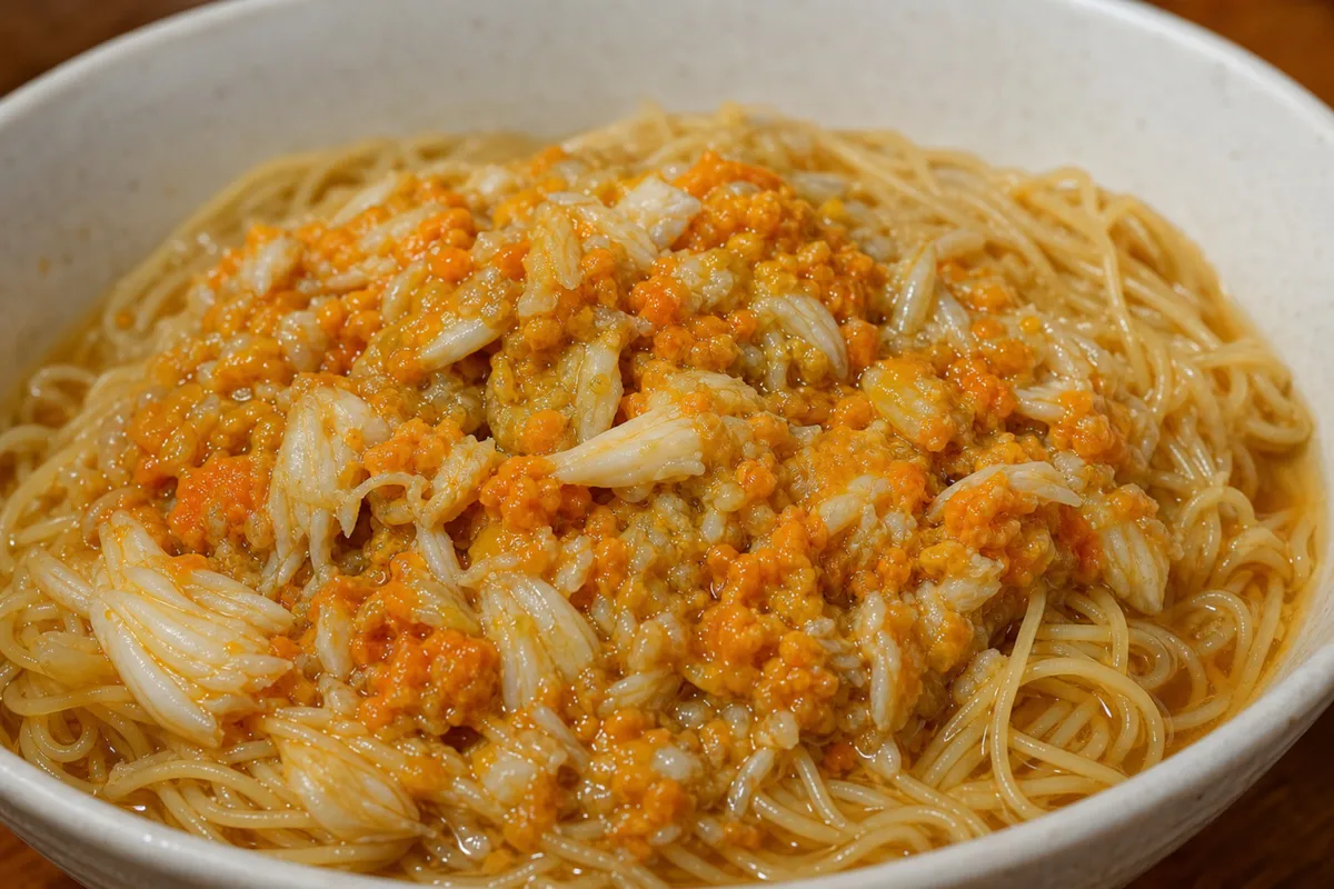 Shanghai crab roe noodles served as a seasonal restaurant bowl