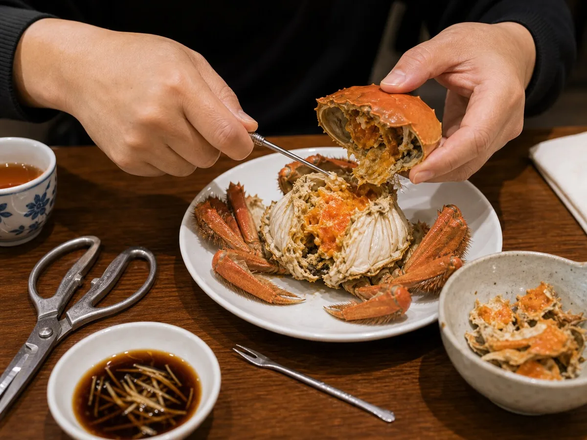 Diner opening a cooked Shanghai hairy crab with scissors and a crab fork
