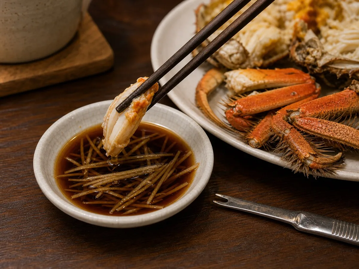 Shanghai hairy crab meat dipped into ginger vinegar with shredded ginger