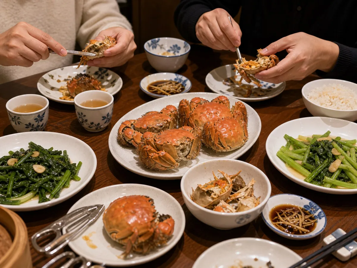 Shanghai restaurant table with hairy crabs ginger vinegar crab tools rice and greens