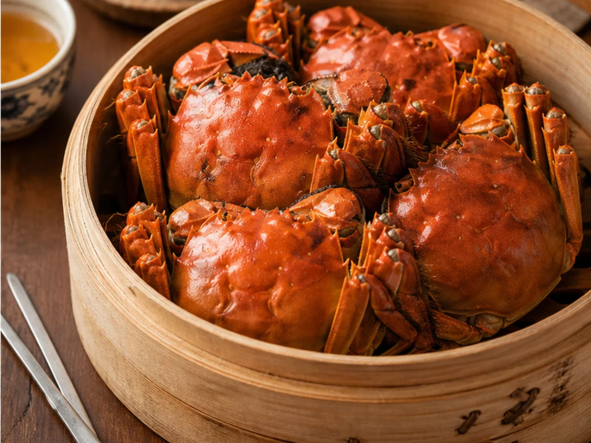 Whole steamed hairy crabs served in a bamboo steamer