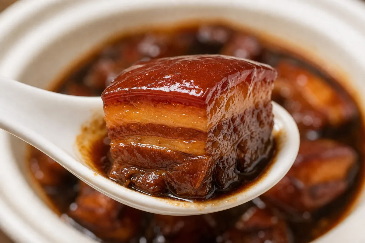 Close-up of layered Shanghai red-braised pork belly on a spoon