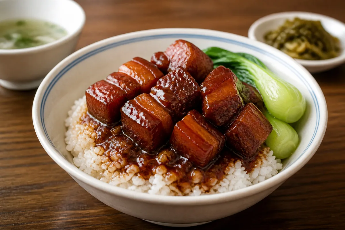 Shanghai hong shao rou served over white rice with greens