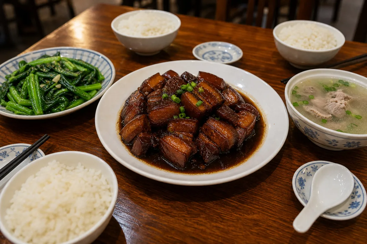 Family-style Shanghai table with hong shao rou, rice, greens, and soup