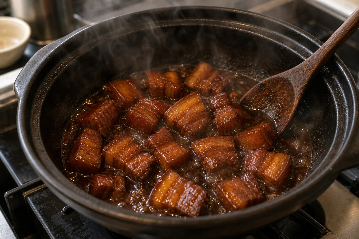 Shanghai hong shao rou simmering in glossy soy-sugar sauce