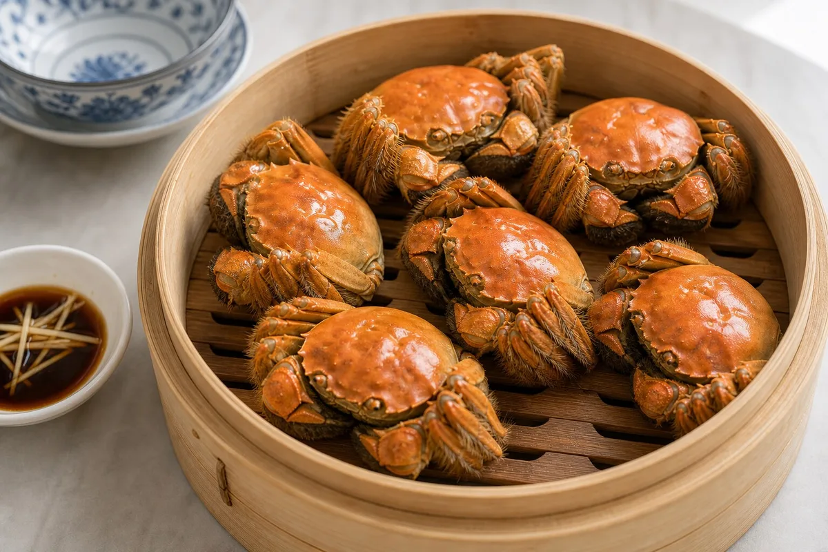 Steamed Liuyuehuang young hairy crabs in a bamboo steamer with ginger vinegar