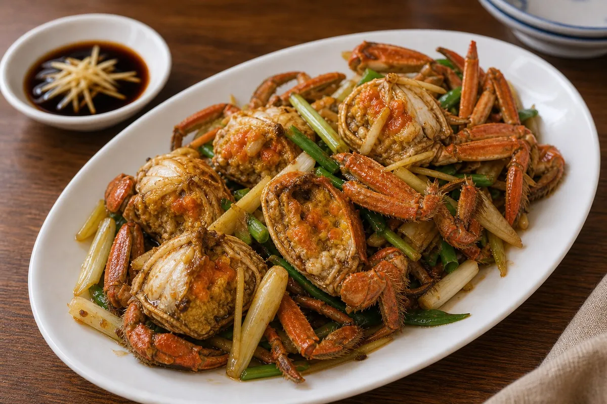 Stir-fried Liuyuehuang young hairy crabs with ginger scallions and light soy glaze