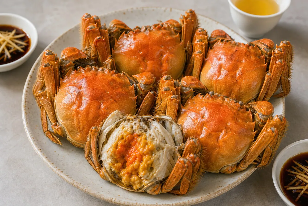 Steamed young hairy crabs with one opened crab showing orange roe beside ginger vinegar