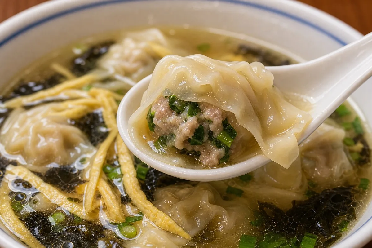 Shanghai pork and vegetable wonton lifted in a spoon showing soft wrapper and filling