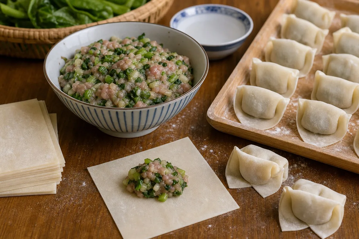 Pork and vegetable wontons being wrapped with square wrappers and green filling