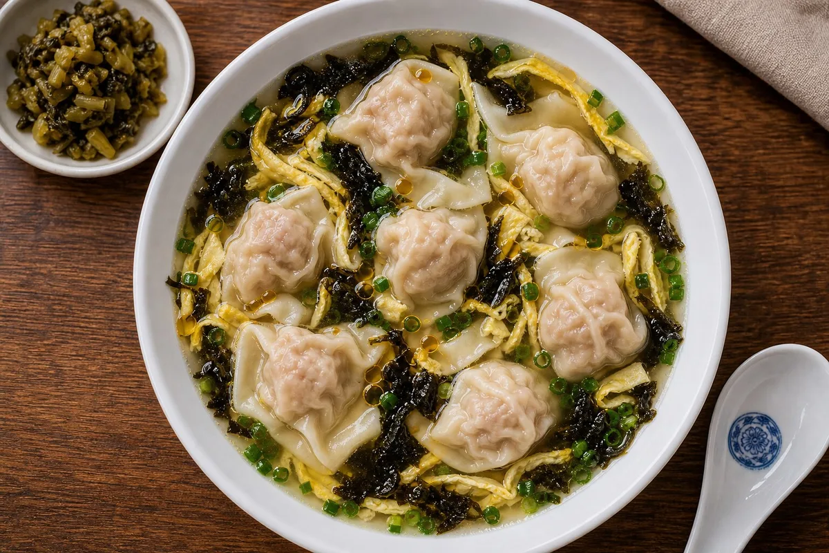 Overhead bowl of Shanghai pork and vegetable wontons with clear broth and preserved greens